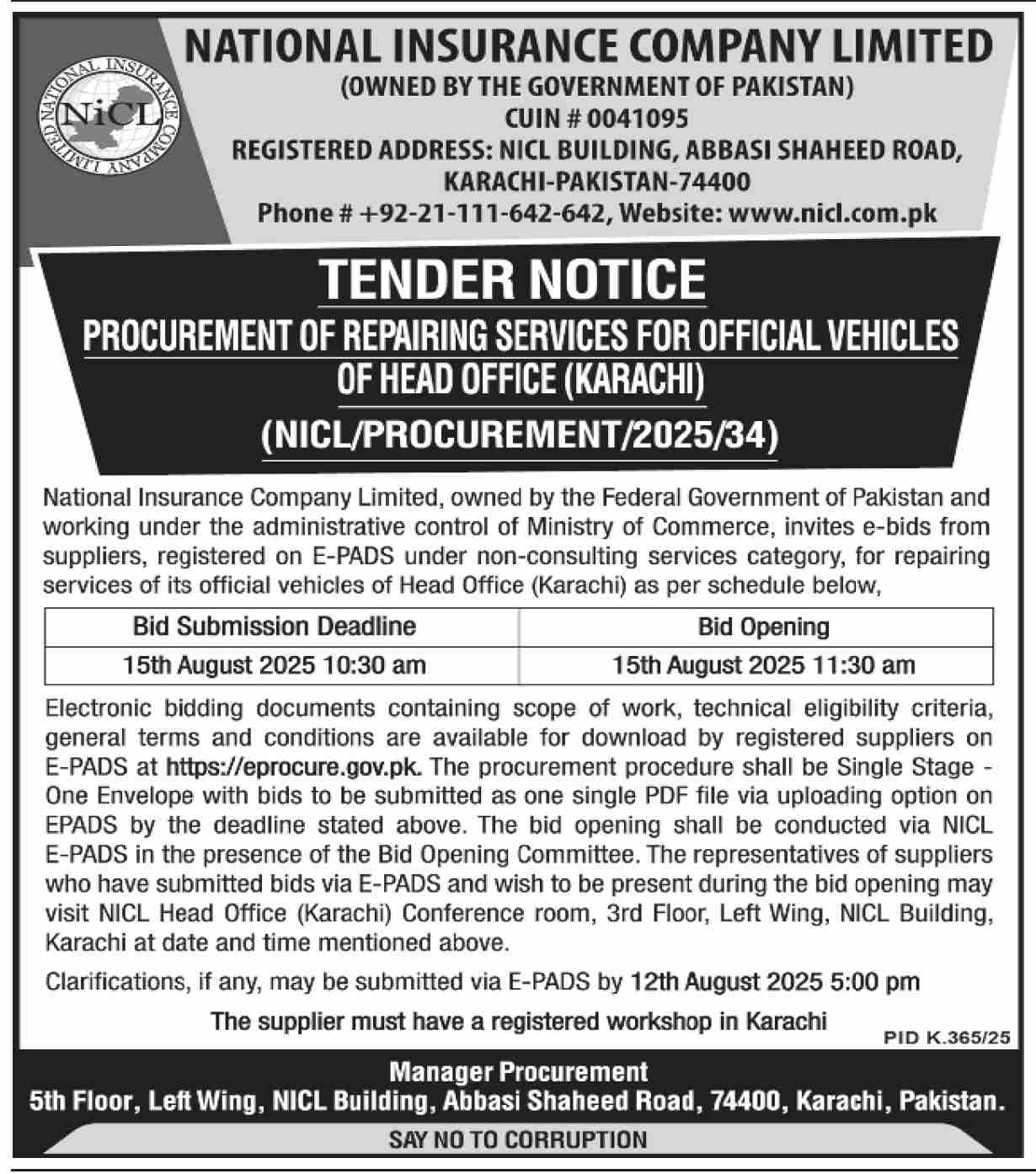 National Insurance Company Limited Karachi Tender Notice